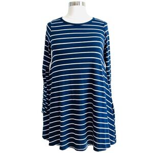 BELLAMIE Women's Plus 1XL Blue & White Striped Long Sleeved Jersey Shirt Dress